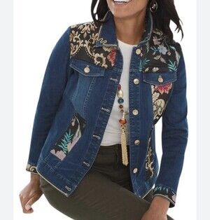 Chico’s Denim Jacket Floral Patchwork SZ 20/22 Stretch Western Rodeo Festival